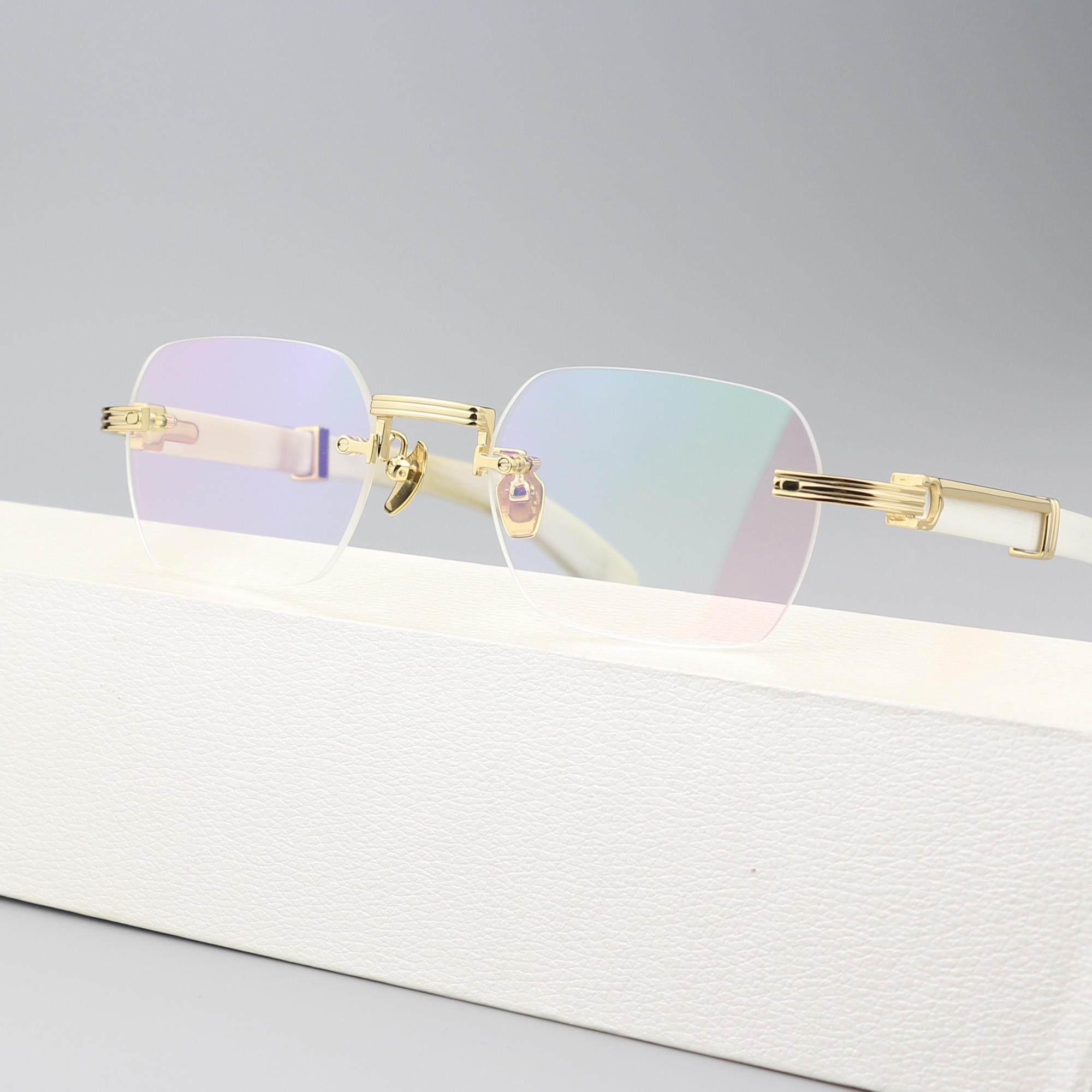 1 Solid Color Premium White Buffalo Horn Business Eyeglass Frame, Rimless Large Buffalo Horn Optical Myopia Eyewear Frame - Image 1