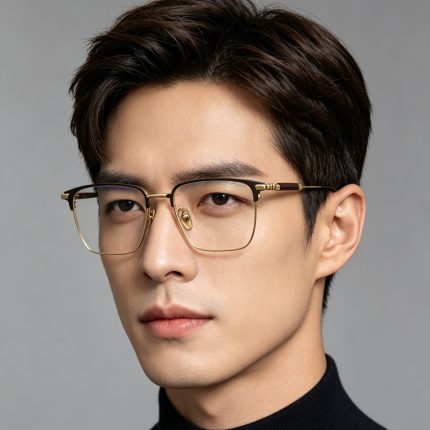Men's Pure Titanium Eyeglass Frame, Chinese Style Large Face Fit Myopia Glasses with Natural Sandalwood Temple